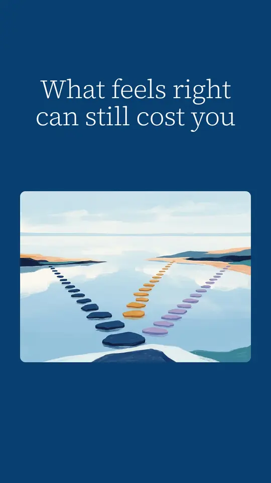 Navy YouTube Short frame reading “What feels right can still cost you” over the stepping-stones painting.